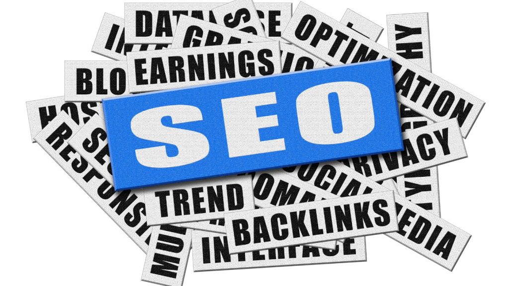 Small business SEO concepts including backlinks, optimization, and earnings displayed with blue SEO badge