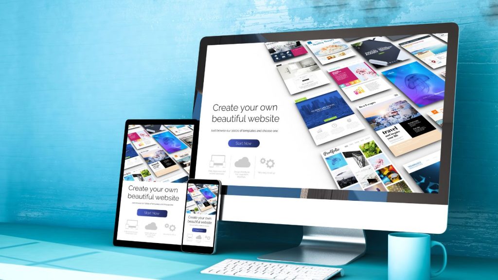 Custom website or builder templates displayed on desktop, tablet, and mobile devices showcasing responsive design options for small business websites