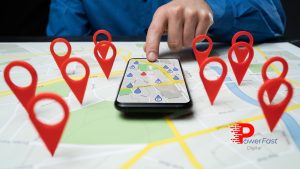 Local SEO map search with multiple location pins showing businesses near me on mobile device - PowerFast Digital