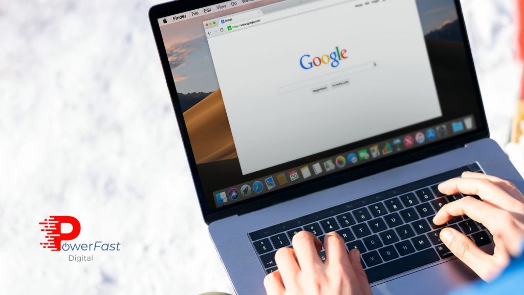 Google Business Profile optimization on laptop showing Google search homepage for local SEO strategy