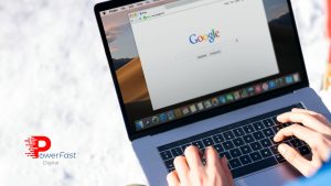 Google Business Profile optimization on laptop showing Google search homepage for local SEO strategy