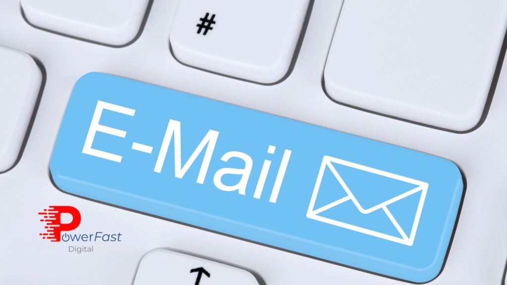 Email marketing for small business keyboard key with envelope icon and PowerFast Digital logo