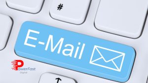 Email marketing for small business keyboard key with envelope icon and PowerFast Digital logo