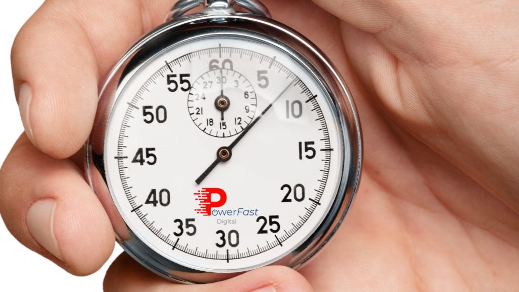 Website load speed optimization illustrated with stopwatch showing importance of fast page loading times