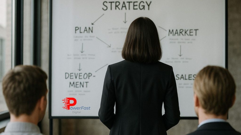 Business professional presenting digital marketing ROI strategy framework showing plan, development, market, and sales components to measure marketing performance