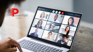 Building community vs broadcasting through virtual team meeting on laptop with PowerFast Digital branding showing diverse professionals engaging in online collaboration