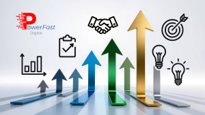 Small business marketing automation strategies with rising growth arrows and digital marketing icons for 2026